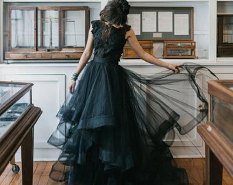 Tiered gothic wedding dress - black tulle wedding gown - black custom wedding dress - vintage wedding gown