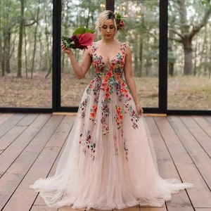 Embroidery tulle A line wedding gown - floral wedding gown  - sleeveless wedding dress - plus size bride