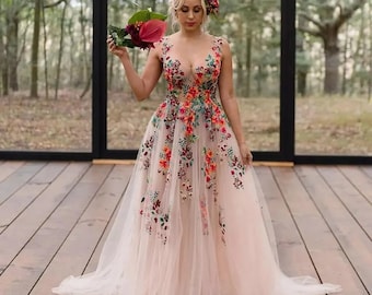 Bordado tul A line vestido de novia - vestido de novia floral - vestido de novia sin mangas - novia de talla grande