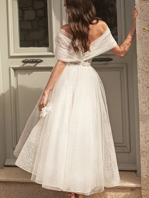 Vintage Tea Length Dress White Shiny Tulle Dress Courthouse