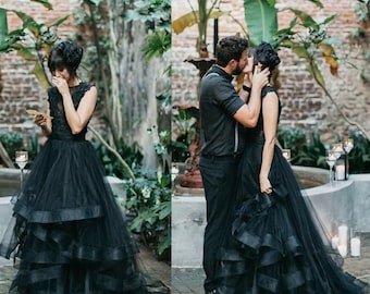 Tiered gothic wedding dress - black tulle wedding gown - black custom wedding dress - vintage wedding gown