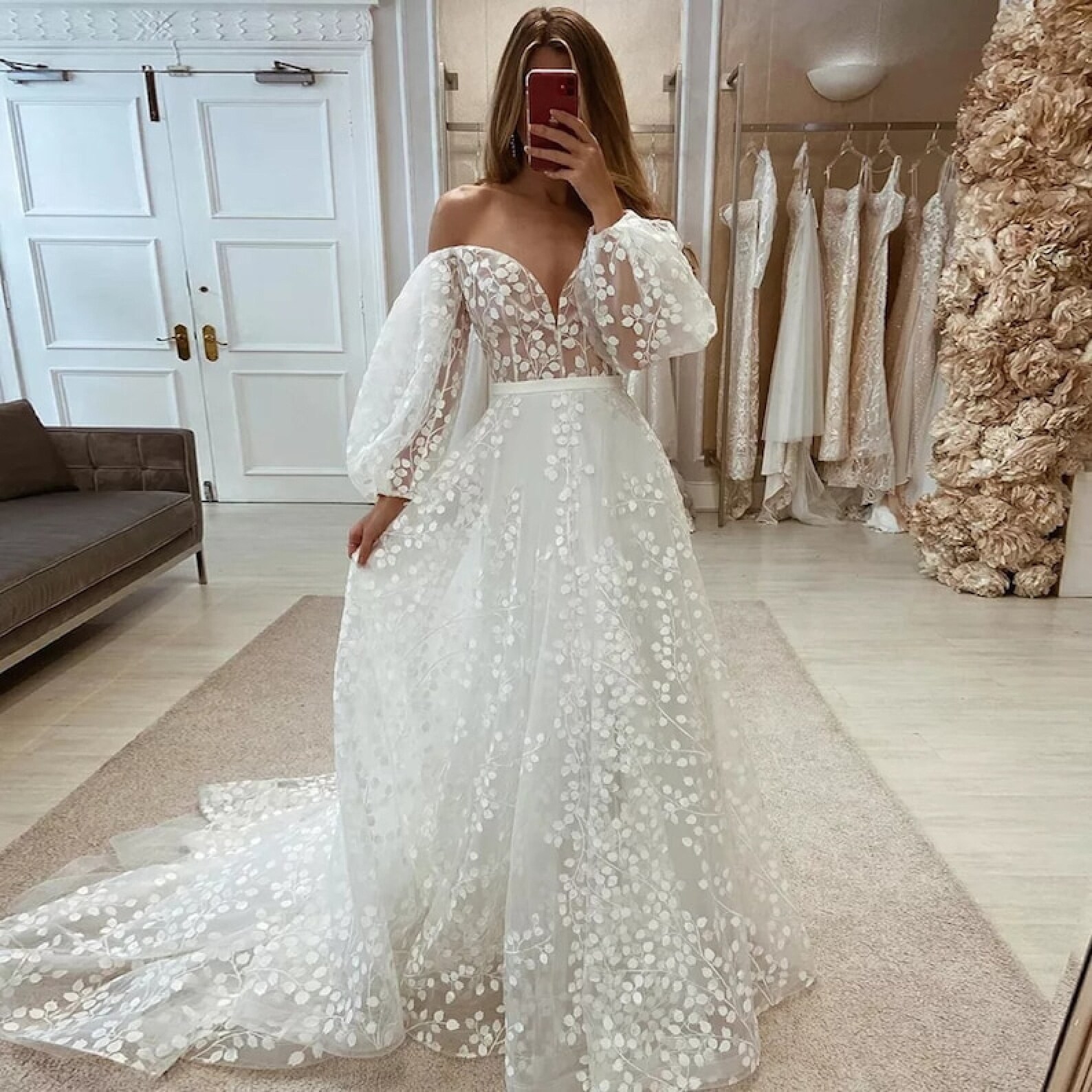Short Wedding Party Dresses Puff Sleeves Off Shoulder Ball Gowns Sexy Lace Shiny Civil Bride Gowns