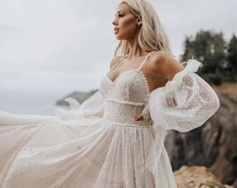 Boho wedding gown with detachable  puffy sleeves - polka dotted wedding dress - plus size bride