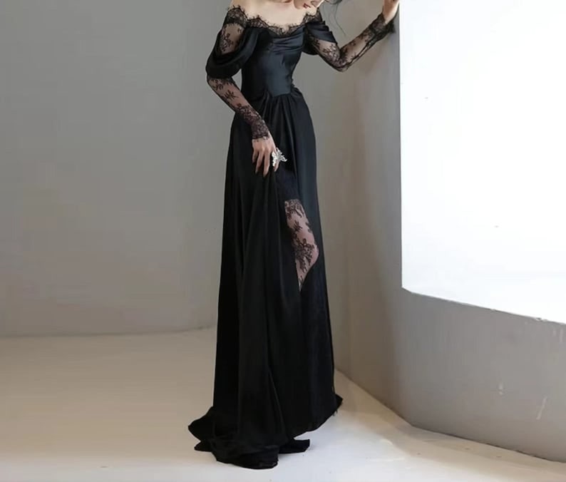 Illusion Satin Ruffle Bodice Off The Shoulder Dark Navy Blue Mother Of The Bride Dress with Split main image 0
