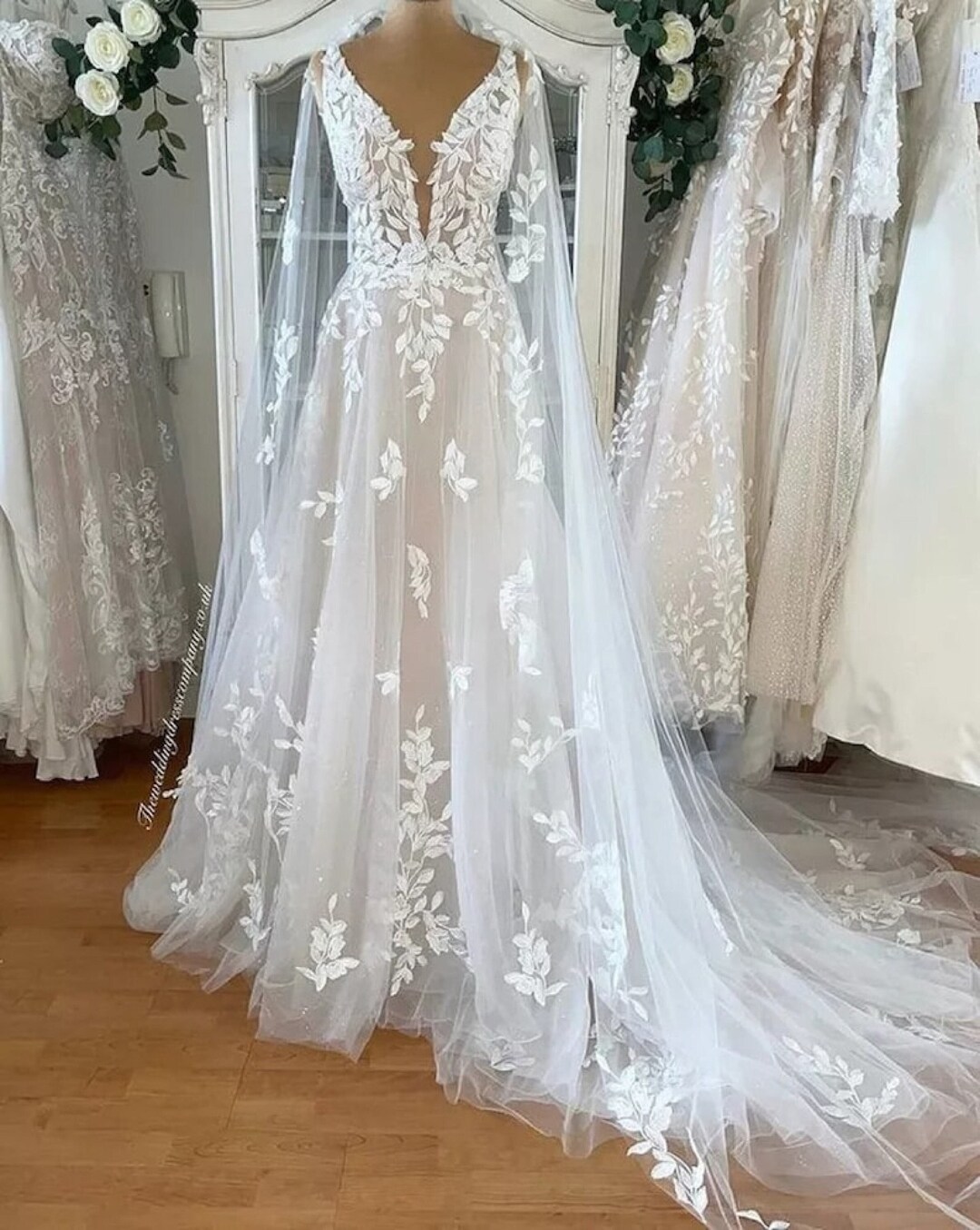 Lace Embroidered Gown with Long Cape Sleeves main image 1