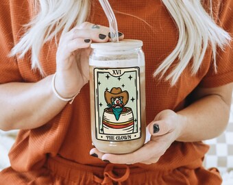 Clowncore Glass Can, Clown Tarot Card, Clowncore Mug, Iced Coffee Glass, Can Shaped Glass, ClowncoreTumbler, Glass Tumblers with Bamboo Lid