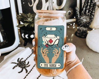 Nurse Tarot Card Mug, Nurse Glass Can, Iced Coffee Glass, Can Shaped Glass Nurse Tumbler Nurse Preceptor Gift Glass Tumblers with Bamboo Lid