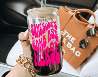 Nurse Glass Can, Nurse Mug, Iced Coffee Glass, Can Shaped Glass, Nurse Tumbler, Nurse Preceptor Gift, Glass Tumblers with Bamboo Lid