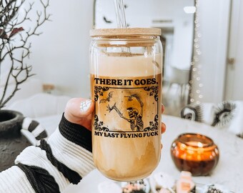 Fuck Mug, Fucks to Give, My Last Fuck, Dancing Skeleton Mug, Meme Mug, Iced Coffee Glass, Can Shaped Glass, Glass Tumblers with Bamboo Lid