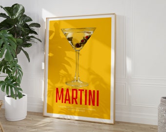 May include: A yellow poster with the word "MARTINI" in red text. A martini glass with olives is in the center of the poster. The text below the martini glass reads "2 ounces dry gin, 1 ounce dry vermouth, olives for garnish".