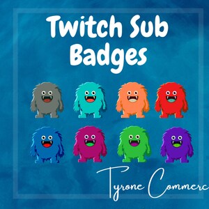 Sub Badges for Twitch, Hairy Monster Badges, Kick Sub Badges, Color Sub Badges, Bit Badges, Discord Badge, Loyalty badge, Twitch elements.
