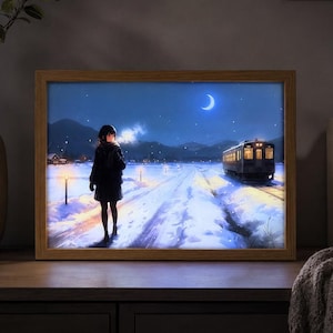 Japanese Winter Train LED Light Box, Snowy Countryside Wall Art, Cozy Night Light Decor
