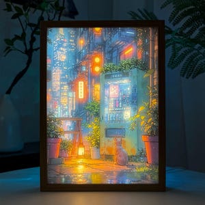 Puede incluir: Una caja de luz LED rectangular con una vibrante ilustración de una calle urbana de noche. La escena muestra a un gato sentado frente a una máquina expendedora de refrescos verde brillante, rodeado de plantas en macetas y edificios altos.