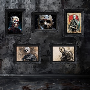 May include: Five framed images of a horror movie character wearing a hockey mask. The images are displayed on a dark gray textured wall.