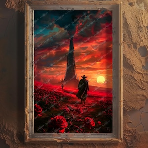 May include: A painting of a lone figure walking towards a tall, dark tower in a field of red roses. The sky is a vibrant orange and red, with a setting sun in the distance.