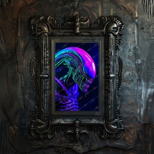 May include: A framed illustration of an alien creature with a glowing green and purple body, set against a dark background.