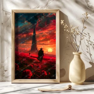 Puede incluir: Una pintura digital de una figura solitaria con un sombrero de vaquero caminando hacia una torre alta y oscura en un campo de flores rojas. El cielo es de un naranja y rojo fuego, con un sol brillante poni&eacute;ndose en la distancia.
