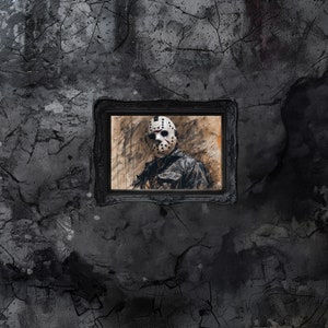 May include: A framed black and white illustration of a person wearing a hockey mask. The background is a textured gray wall.
