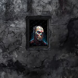 May include: A framed illustration of a horror movie character wearing a hockey mask with blood splatters on the mask and face. The background is dark and the character has a menacing expression.