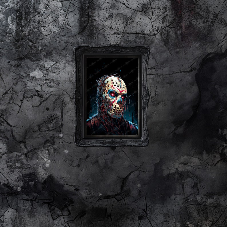 May include: A framed illustration of a horror movie character wearing a hockey mask with blood splatters on the mask and face. The background is dark and the character has a menacing expression.