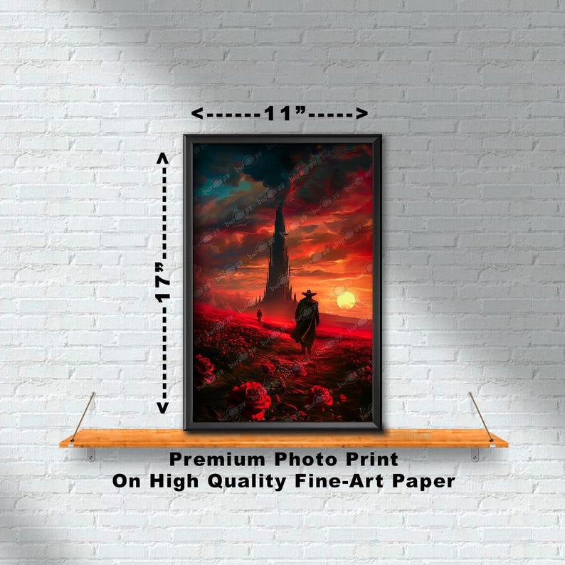 Puede incluir: Una impresi&oacute;n de arte digital de una figura solitaria caminando hacia una torre alta y oscura en un paisaje rojo y naranja. El cielo est&aacute; lleno de nubes y el sol se est&aacute; poniendo en la distancia. La impresi&oacute;n mide 28 cm de ancho y 43 cm de alto.