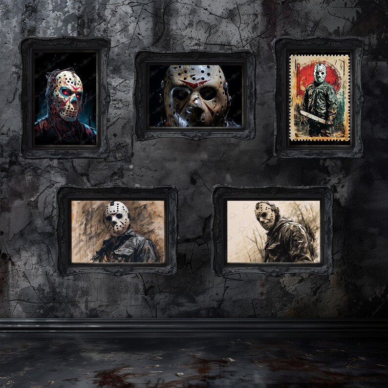 May include: Five framed images of a horror movie character wearing a hockey mask. The images are displayed on a dark gray textured wall.