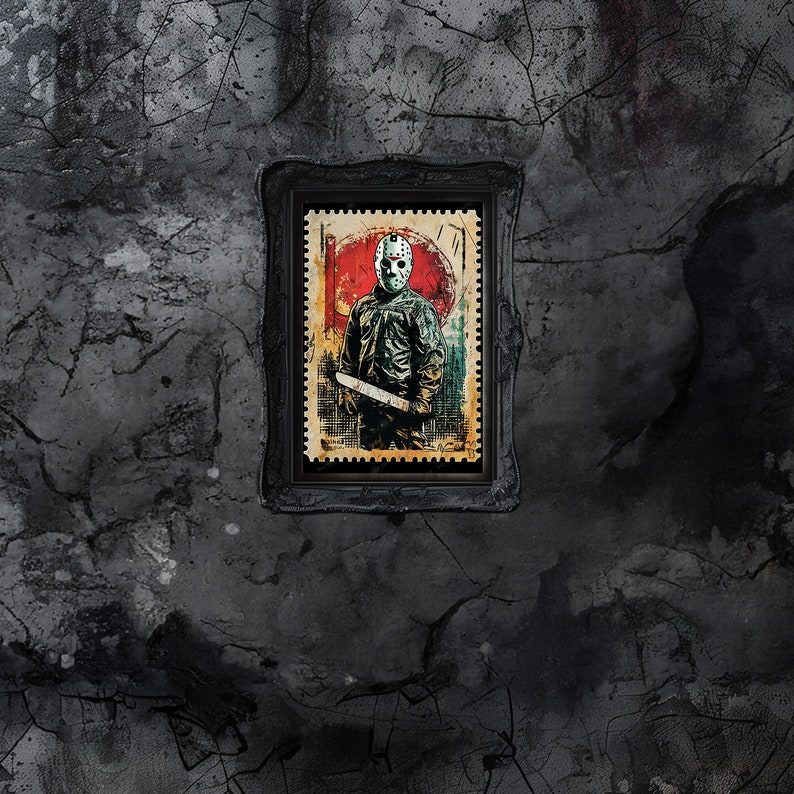 May include: A framed illustration of a horror movie character wearing a hockey mask and holding a machete. The illustration is in a vintage style with a red, white, and blue color scheme.