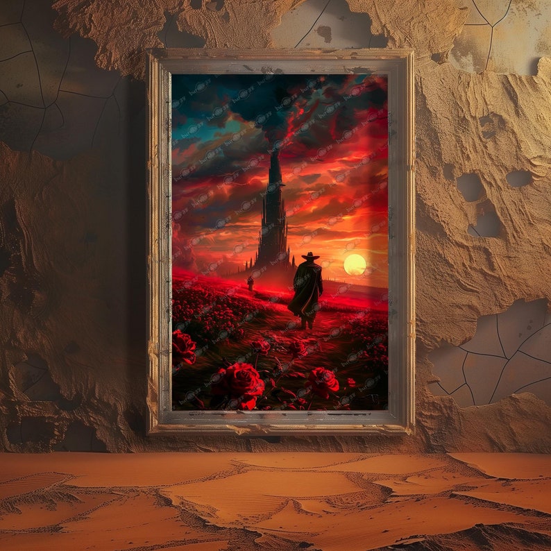 Puede incluir: Una pintura de una figura solitaria caminando hacia una torre alta y oscura en un campo de rosas rojas. El cielo es de un naranja y rojo vibrantes, con un sol poniente en la distancia.