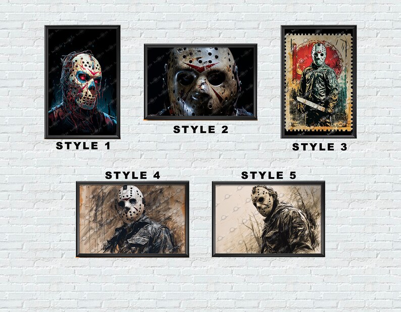 May include: Five different styles of digital art prints featuring a horror movie character wearing a hockey mask. The character is depicted in various poses and settings, including a close-up of the face, a full-body shot, and a vintage-style poster.