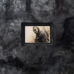 May include: A black and white drawing of a horror movie character wearing a hockey mask, framed in a black frame and displayed on a cracked, gray wall.