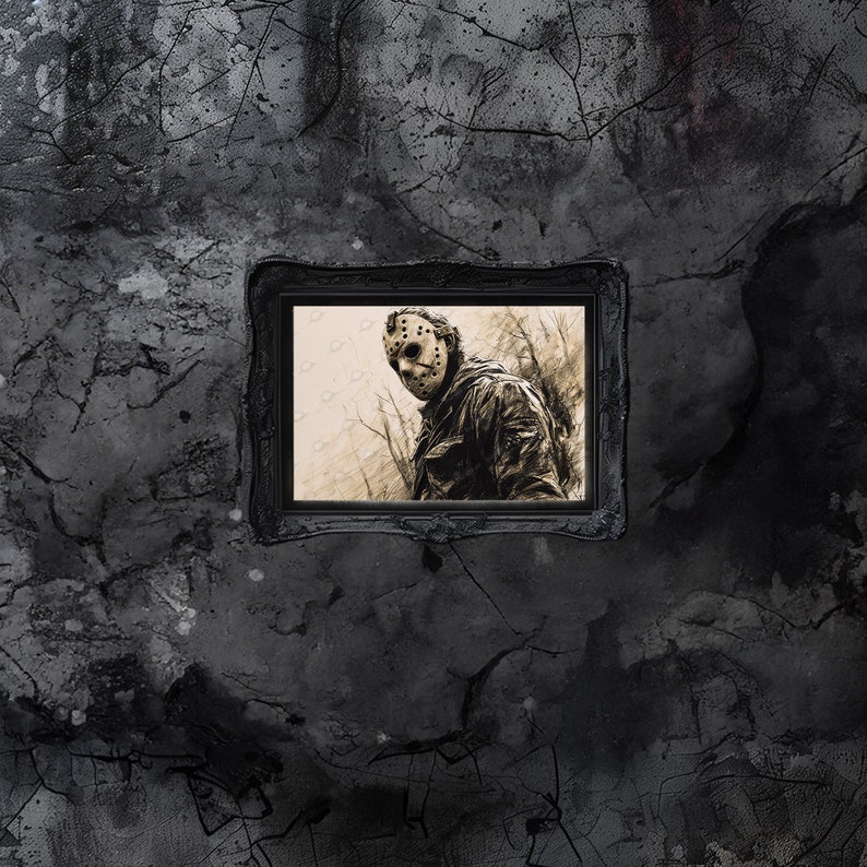 May include: A black and white drawing of a horror movie character wearing a hockey mask, framed in a black frame and displayed on a cracked, gray wall.