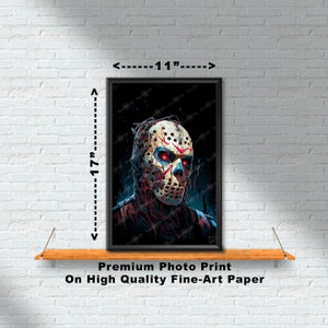 May include: A 11-inch by 17-inch print of a horror movie character with a bloody, white mask and red eyes. The character is wearing a dark shirt and has a dark background.