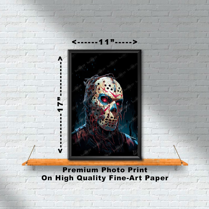 May include: A 11-inch by 17-inch print of a horror movie character with a bloody, white mask and red eyes. The character is wearing a dark shirt and has a dark background.