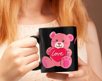 Black Mug Pink Bear, Valentine's Day Gift, San Valentin, Celebrating Valentine's Day, Gift For Mom & Dad, Gift Blak Mug, Gift To Anniversary