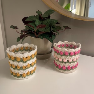 May include: Two crochet cup cozies. One is white with yellow and green accents, the other is white with pink accents. The cozies are on a white surface, with a plant and mirror in the background.