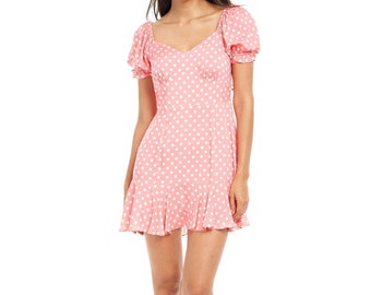 Pink polka dot mini dress with puff short sleeves