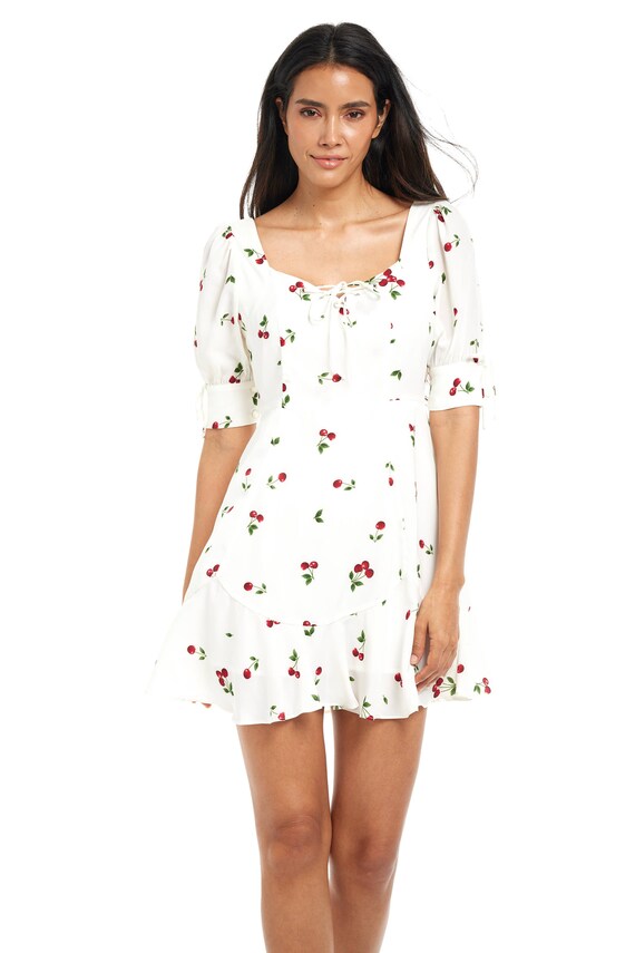 White Cherry Print Short Sleeves Mini Dress Etsy Canada