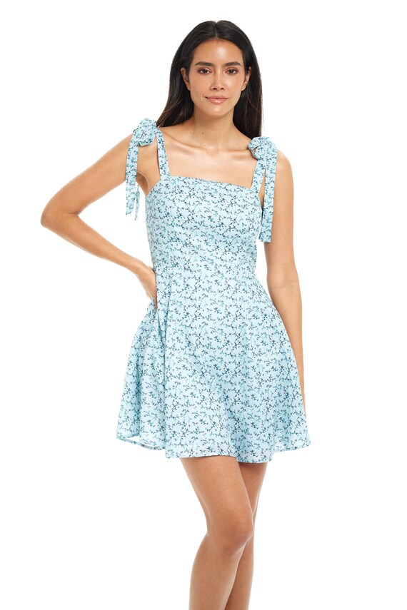 knee length dresses for ladies Zapaka Women Blue Printed Short Homecoming Dress Stylish A Line Cocktail Dress, Blue / US2 main image 1