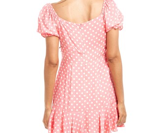Pink Polka Dot Mini Dress With Puff Short Sleeves - Etsy
