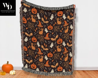 Black and Orange Halloween Blanket, Witch and Pumpkin Halloween Throw, Halloween Pattern Woven Throw, Halloween Home Decor, Halloween Gift