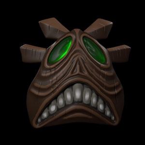 Puede incluir: Una máscara de madera estilizada con una expresión amenazante. La máscara presenta ojos verdes brillantes, una amplia sonrisa con dientes y un acabado de veta de madera marrón texturizada. Cuatro protuberancias de madera estilizadas se extienden desde la parte superior de la máscara.