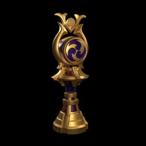 Puede incluir: Un trofeo dorado con un orbe morado en la parte superior. El orbe tiene un diseño de remolino y está rodeado por un marco dorado. El trofeo tiene una base con detalles intrincados.