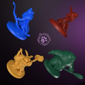 May include: Four brightly coloured figurines on a purple backdrop. The figurines depict a blue cat archer, a red cat warrior, a yellow rabbit with a hammer, and a green bear with a staff. The logo "mao fumbling mao" is in the centre.