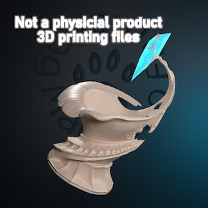 Peut inclure: Un modèle numérique 3D d'un récipient beige aux formes organiques, doté d'un bord évasé et d'une extension incurvée qui soutient un éclat bleu vif, translucide et en forme de losange. Le texte "Not a physical product 3D printing files" est visible.