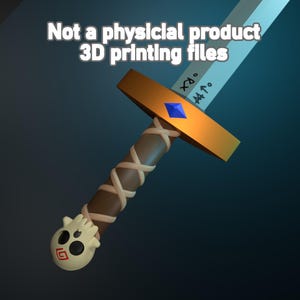 May include: A 3D-rendered sword with a light blue blade, gold hilt, and brown handle wrapped with beige cord. The handle features a skull-shaped pommel. The text "Not a physical product 3D printing files" is at the top.