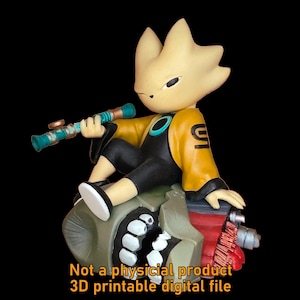 May include: A figurine of a stylized character with a yellow head and jacket, black shorts, and a teal and copper-coloured pipe. The character is seated on a detailed, multi-coloured base. The text at the bottom reads "Not a physical product 3D printable digital file."