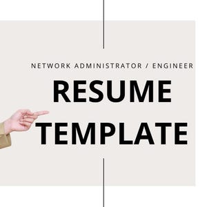 Pode incluir: Um modelo de currículo digital para administrador ou engenheiro de rede, com o texto "NETWORK ADMINISTRATOR / ENGINEER" e "RESUME TEMPLATE" em fonte preta sem serifa sobre um fundo retangular bege claro.