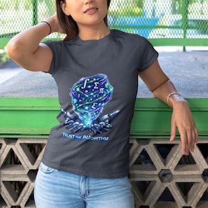 Trust the Algorithm Unisex Graphic T-Shirt, Cosmic Hands Math Symbols Tech Tee, AI Data Science Futuristic Design Shirt