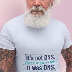 Può includere: Una t-shirt a maniche corte color azzurro con il testo in blu scuro e verde acqua: It's not DNS. There's no way it's DNS. It was DNS. Il design include un sottile bordo rettangolare, un'icona del globo e un piccolo grafico di un server.