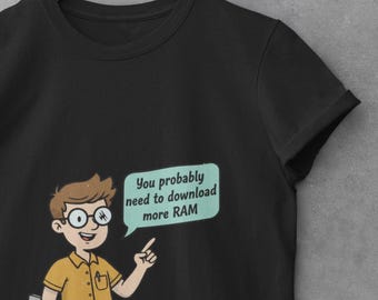 Camiseta Geek Cartoon Tech Guy, divertida camiseta gráfica con humor tecnológico "Descarga más RAM", regalo unisex para gamers y aficionados a la informática.